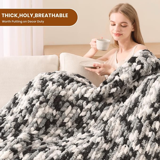 L'AGRATY Chunky Knit Throw Blanket for Couch, 60 x 80 Inches, Black White | Handmade Chenille Crochet Blanket for Sofa Bed, Thick Cable Knitted Blankets for Room Home Decor, Birthday Gift for Women Mom