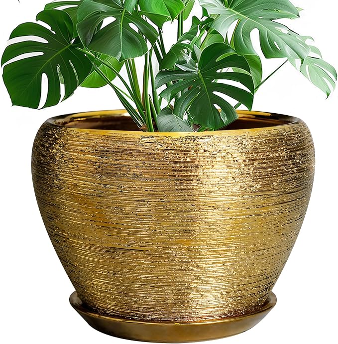Ceramicfor Ceramic Planter 10 Inch - Indoor Plant Pot with Drainage Hole and Saucer Large Decorative Planter Mid-Century Modern Flower Pot Outdoor for Home Decor Gold