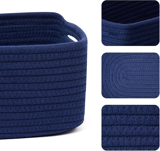 MiniArk Small Storage Baskets for Organizing | Closet Organizer Bins | Shelf Toy Basket | Woven Rope Baskets | Cube Decorative Box | Shallow Basket | 13x8.5x5.1” | 3 Packs Navy Blue