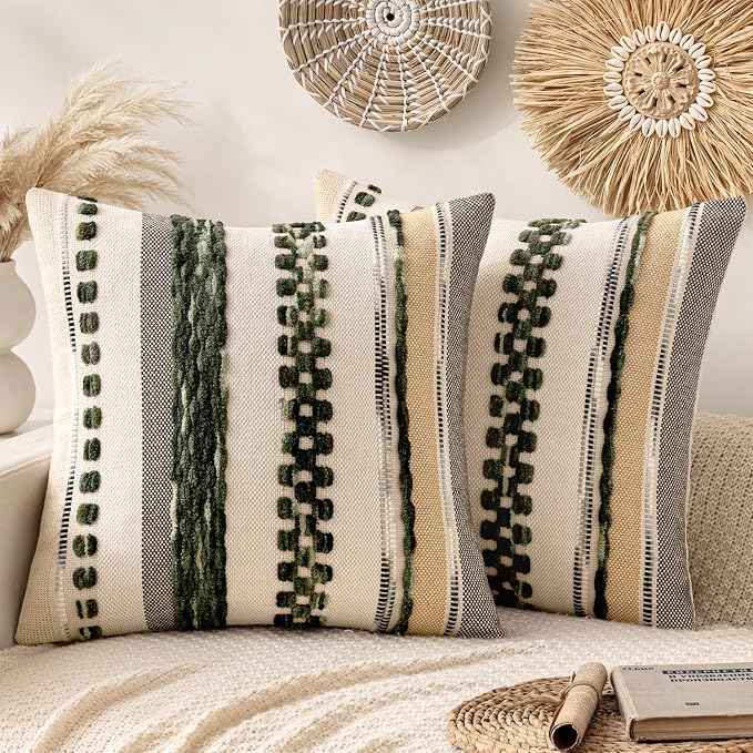ANRODUO Boho Decorative Pillow Covers 18x18 Dark Green Stripe Pack of 2 | Throw Pillow Covers, Farmhouse Cushion Case, Chenille Pillow Cases, Pillow Covers, Accent Neutral Pillowcase for Sofa Couch