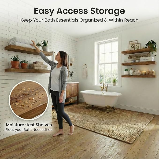 ROGMARS 36 Inches Long Walnut Floating Shelves | Rustic Solid Wood Farmhouse Wall Shelves with Invisible Brackets for Bathroom, Living Room, Bedroom, Kitchen Set of 5