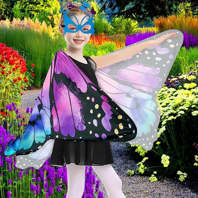 Kids Butterfly Wings Costume Girls Fairy-Wings Toddler Dress Up Play Costumes Butterfly Hair Clip Mask Party Favors (Purple Green Sets)