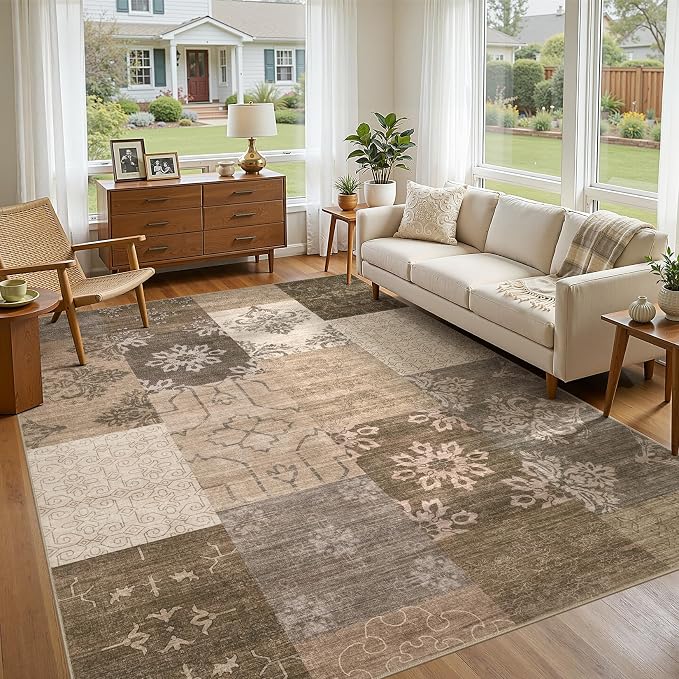 UERMEI 10x12 Area Rug for Living Room, Washable Brown Modern Geometric Patchwork Non Slip Stain Resistant Low Pile Foldable Carpet for Bedroom Dining Farmhouse Home Office