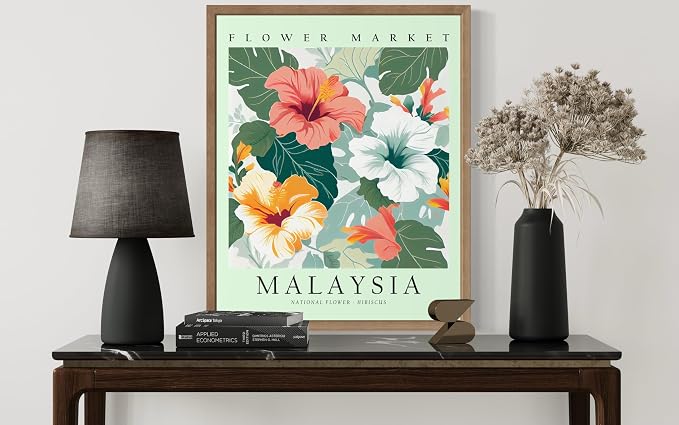 Malaysia Flower Market Art Print Poster, Wall Art Floral Painting Botanical Decor for Bedroom, Kitchen, Bathroom Livingroom Decoration 82B (Malaysia, 20"L x 16"W, Wood Frame)