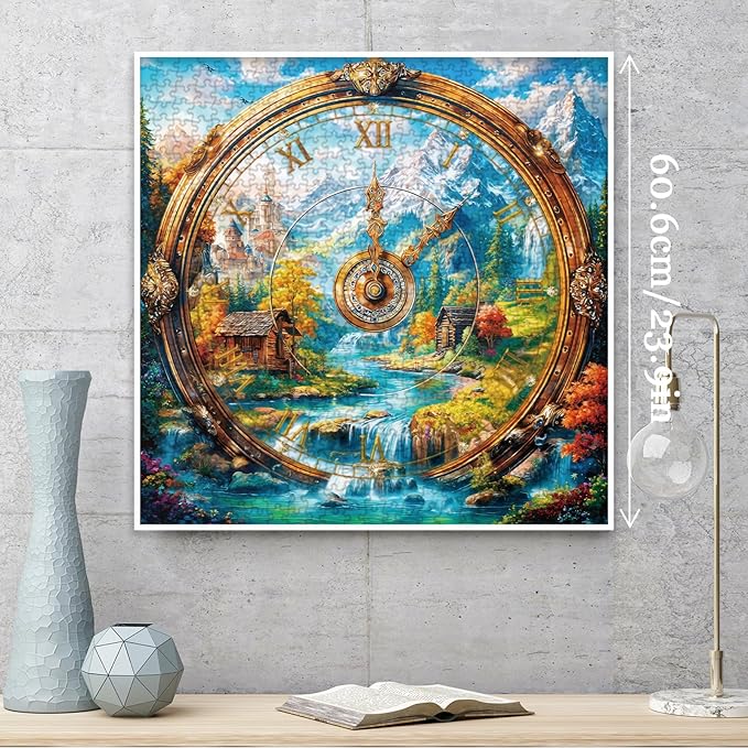 Landscape Clock Puzzles for Adults 1000 Pieces, Art Nature Mountain Flower Plant Jigsaw Puzzles, Challenging Colorful Scenic River Cabin Watch Puzzle