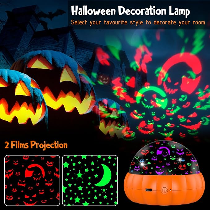 Halloween Pumpkin Night Light Projector for Kids, Star Projector Night Lights with Jack O'Lantern Faces - Starry Theme, 15 Color Changing and 360 Degree Rotation, Halloween Decor and Gift