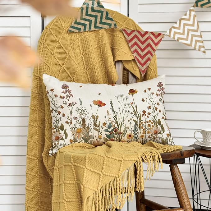 AVOIN colorlife Fall Flowers Throw Pillow Cover 12x20 Inch | Seasonal Autumn Thanksgiving Harvest Decoration for Sofa Couch Farmhouse Living Room Decor