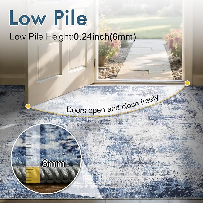 2x6 Ft Washable Runner Rug, Non-Slip Low Pile Hallway Kitchen Area Rug, Soft Long Entryway Floor Mat Abstract Pattern Carpet for Bedside & High-Traffic Areas (Blue)