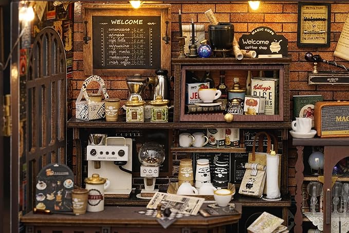 MAGQOO DIY Miniature Dollhouse Kit with Furniture 1:24 Scale Creative Room Mini Wooden Doll House Accessories DIY Miniature House Kit (Vintage Coffee Shop)