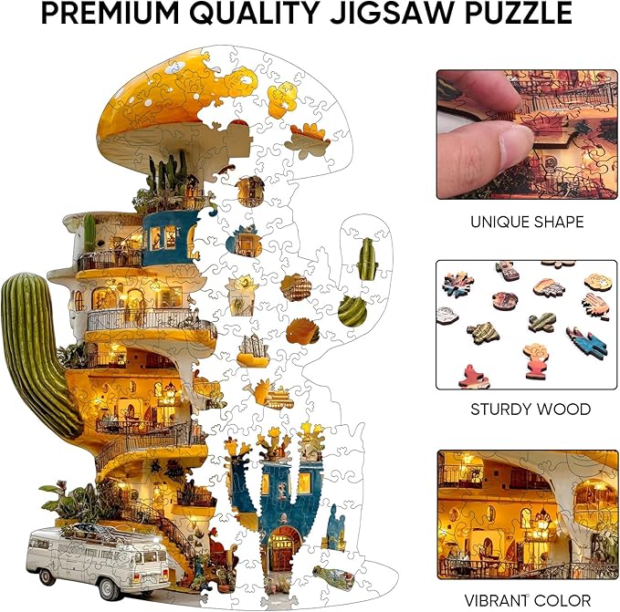 Ixfyloop Cactus Jigsaw Puzzles for Adults, Mushroom House Wooden Puzzles, Plant Wood Puzzle Unique Shape 200 Pieces, Best Gifts for Teens, Family Game 9.1x12.8 inch