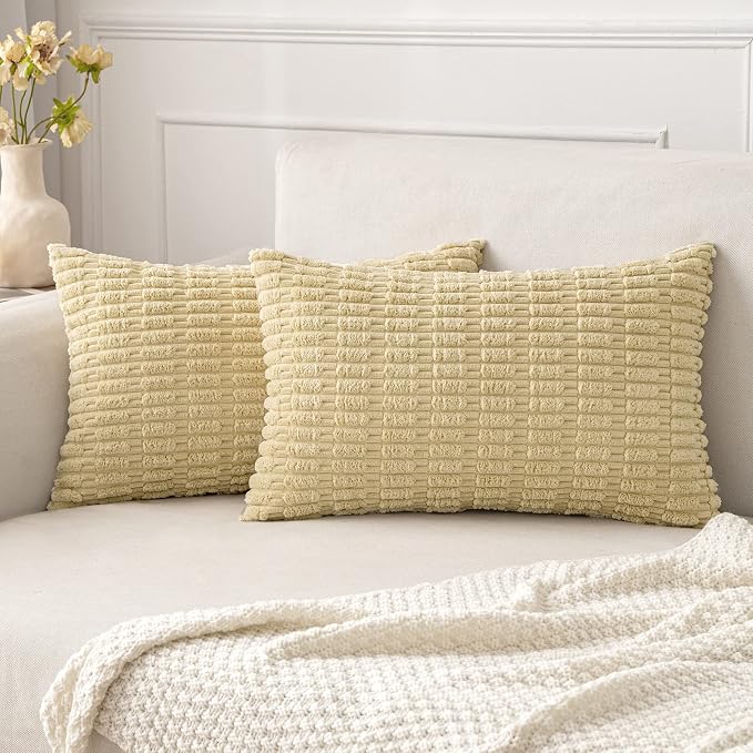 MIULEE Lumbar Corduroy Decorative Throw Pillow Covers 12x20 Beige Pack of 2 | Soft Boho Striped Pillow Covers Modern Farmhouse Home Decor For Sofa Living Room Couch Bed