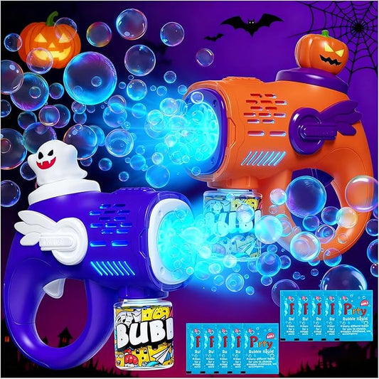 2 Halloween Bubble Gun Toys - Light-Up Bubble Machine for Kids Toddlers with 10 Refill Packs Ghost & Pumpkin, Fun Fall Gifts Party Favors Boo Basket Stuffers for Boys Girls 3 4 5 6 7 8 9 + Year Old