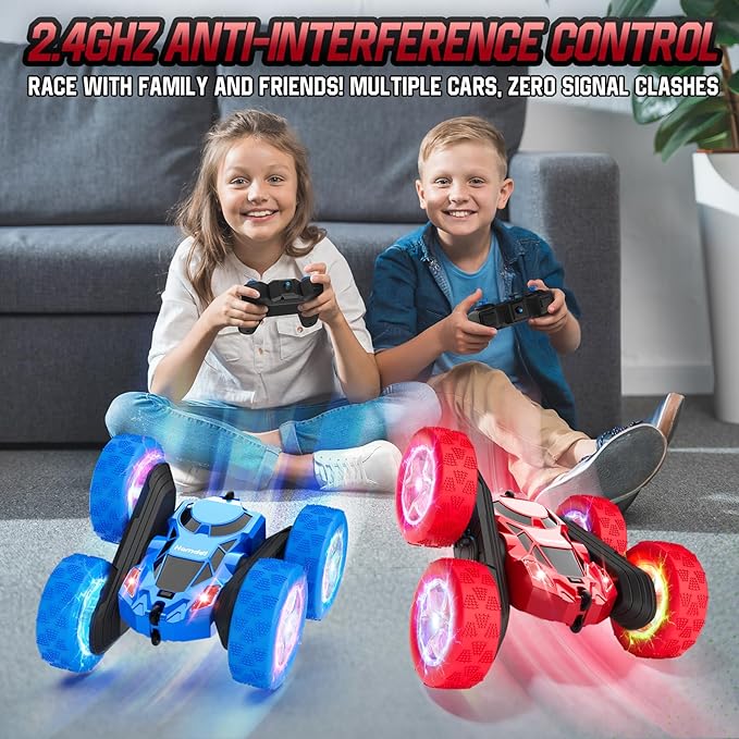 Remote Control Car Double Sided 360°Rotating 4WD RC Cars with Headlights 2.4GHz Electric Race Stunt Toy Car Rechargeable Toy Cars for 6-12 Year Old Boys Girls BirthdayGift (Red)