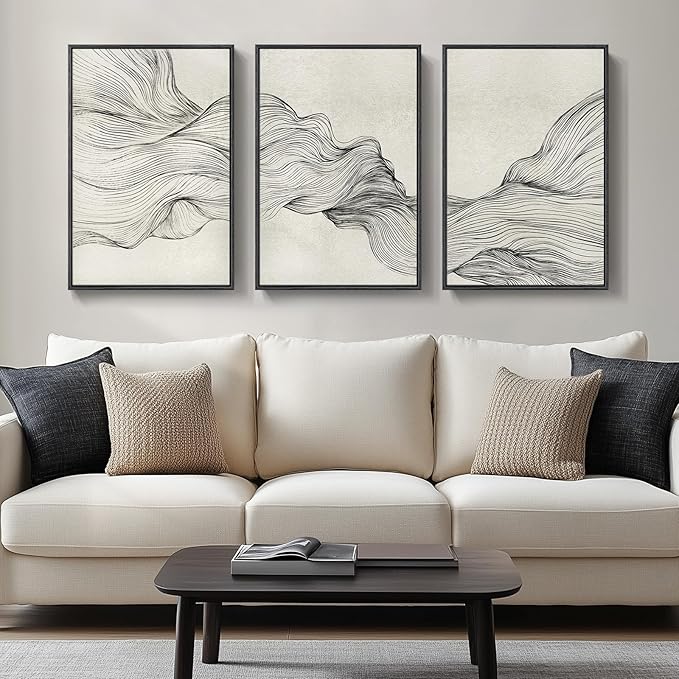 Large Framed Neutral Modern Abstract Wall Art, 3 Piece Black and Beige Canvas Prints Paintings Artwork for Walls, Minimalist Line Pictures for Living Room Hallway Office Wall Decor -Total 30x60 Inch