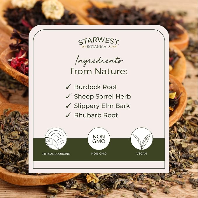 Starwest Botanicals Essiac Tea Organic - Caffeine Free Herbal Blend, Loose Leaf Burdock Root, Slippery Elm Bark, Sheep Sorrel, & Rhubarb, Certified Kosher, Non-GMO - Bulk 1 lb Bag