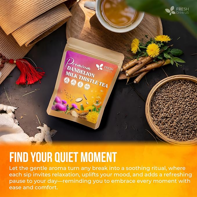 FreshDrinkUS, Premium Dandelion Milk Thistle Herbal Tea | 135 Tea Bags | Herbal Blend with Dandelion Root & Milk Thistle Seed – Clean Plant-Based Daily Tea, Naturally Caffeine Free. Sugar Free. Vegan