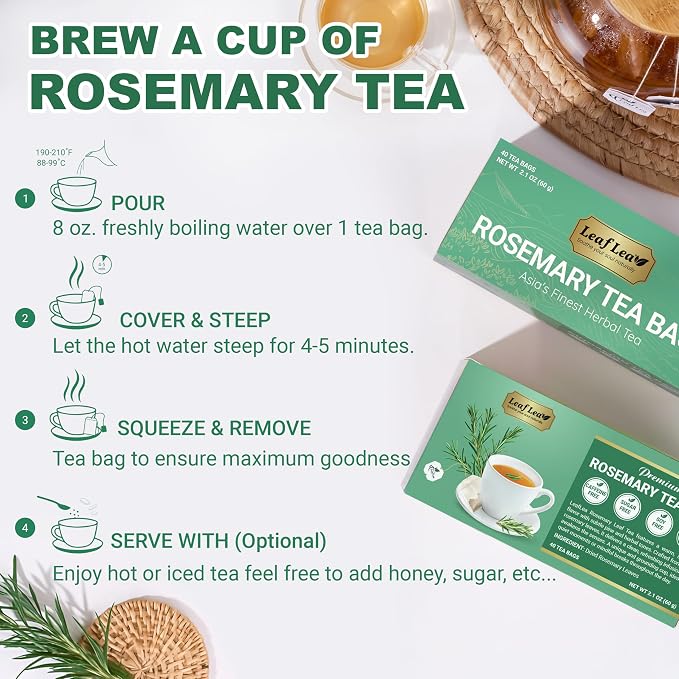 LeafLea Rosemary Tea Bags, Pure Rosemary Leaf Herbal Tea, Caffeine-Free | Te De Romero with a Soothing, Earthy Taste, Individually Foil-Wrapped for Freshness, Sugar-Free, Non-GMO, 40 Tea Bags