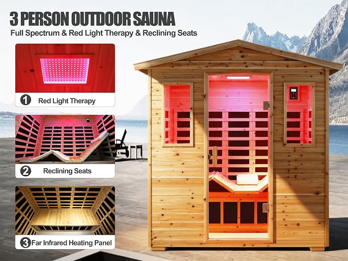 Full Spectrum Sauna, Outdoor Sauna 3 Person Infrared Sauna, Infrared Saunas for Home, 1950W 20A Low EMF Far Infrared Sauna Old Fir Wooden Sauna with Red Light Therapy, Reclining Seats