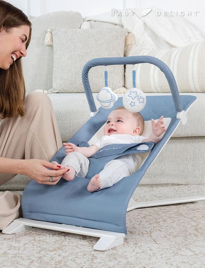 Baby Delight Alpine Deluxe Portable Baby Bouncer | Infant | 0-6 Months | 100% GOTS Certified Organic Cotton Fabric | Organic Dusty Blue