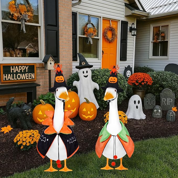 Halloween Porch Goose Outfit, 23inch Pumpkin Goose Costume, Fall Geese Clothes for Cement Geese Statue Outdoor Garden Yard Decor