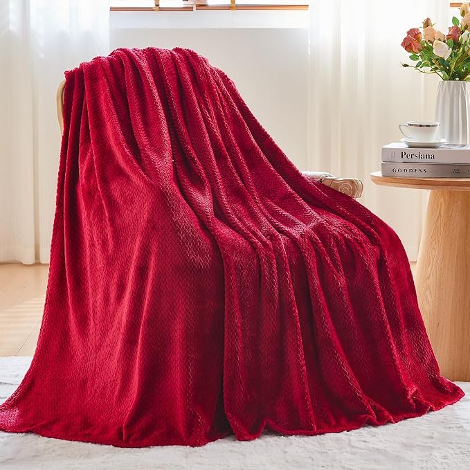 NEWCOSPLAY Fleece Leaves Pattern Queen Blanket, Red, 90"x90" | Super Soft Throw Blanket, Lightweight Cozy Bed Sofa Blanket, Premium Silky Flannel Fleece, Travel Blanket for All Season Use