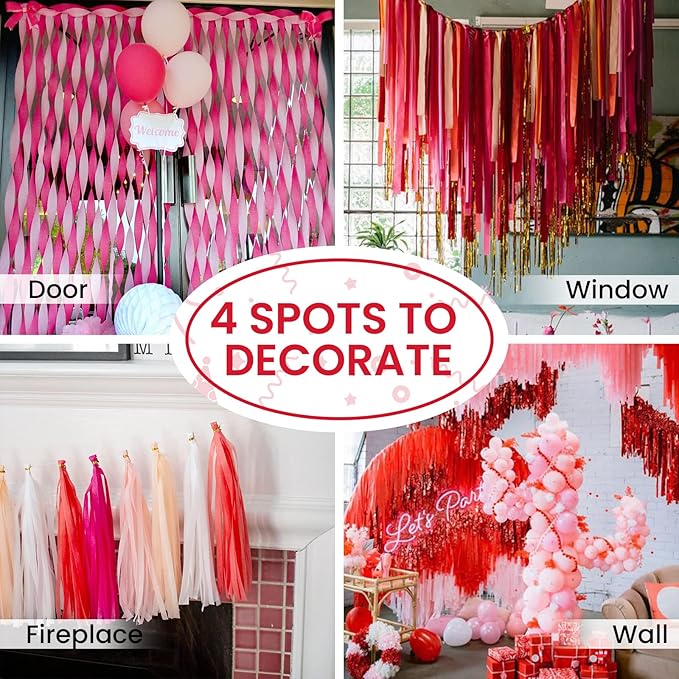 PartyWoo Pink Crepe Paper Streamers 6 Rolls 492 ft Pack of Light and Hot Pink Red White Crepe Paper Rolls for Baby Shower Valentine's Day Wedding Birthday Party Decorations (1.8 Inch x 82 Ft/Rolls)