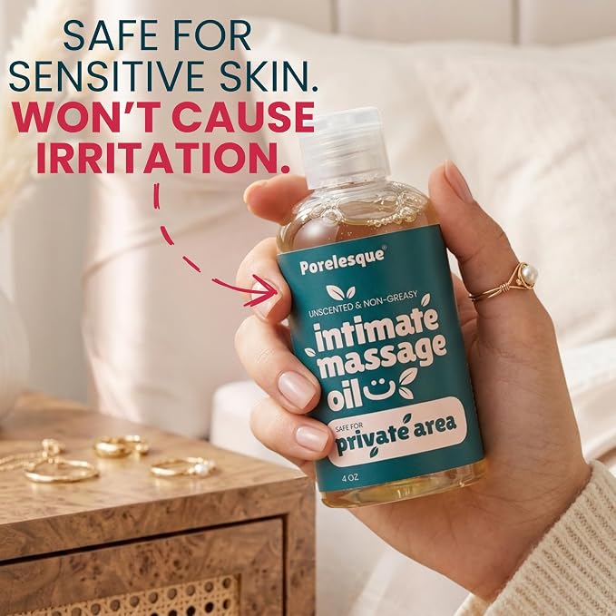 Intimate Massage Oil Safe for Genitals - Unscented Date Night Body Oil for Intimacy - Safe for Private Area and Sensitive Skin, Non Greasy, Non Sticky, Hypoallergenic, Lightweight, 4oz