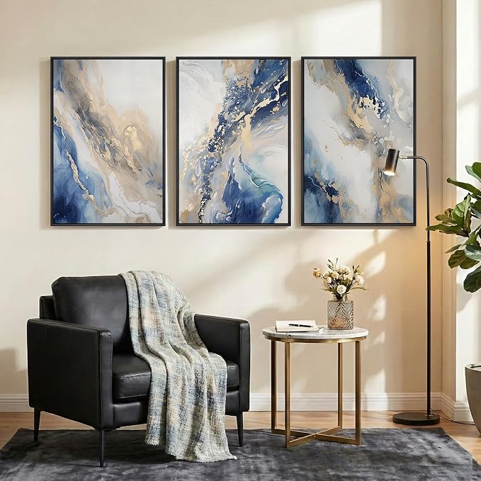 Large Framed Abstract Blue and Gold Wall Art for Living Room, 3 Piece Modern Canvas Artwork for Walls, Contemporary Pictures Prints Paintings for Bedroom Hallway Wall Decor, 24x36 Inch
