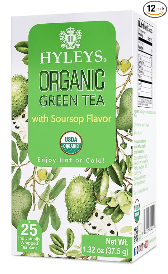 HYLEYS Organic Green Tea with Soursop Flavor, 300 Individually Wrapped Tea Bags (12 Pack of 25) - USDA Organic Graviola Guanabana Tea with Light Caffeine