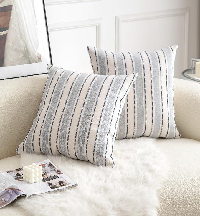 Cethom Decorative Boho Throw Pillow Covers, Farmhouse Textured Pillow Case, 20 x 20 Inch Set of 2, Chair Sofa Bedroom Living Room Home Decor Couch Cushion Case, Classic Blue and Beige Striped