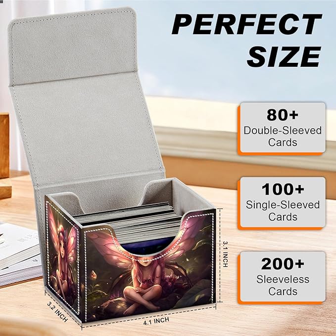 DEGDFSGR for TCG MTG Card Game Storage Box Organizer Trading Card Case Commander Deck Box Magnetic Closure Creative Pattern Up to 200 Cards, Pink Fairy Sitting Flower Meadow