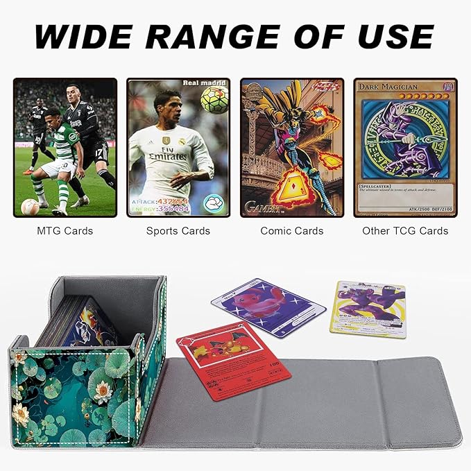 Card Game Storage Box TCG Deck Box MTG Card Box Organizer Trading Card Case Commander Deck Box TCG Card Storage Box Magnetic Closure Creative Pattern Up to 200 Cards, Green Pond Lotus Leaves
