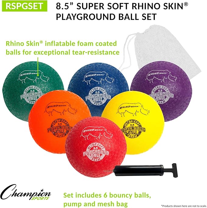 Champion Sports Super Soft Playground Ball Set – Rhino Skin® Foam Inflatable Balls for Indoor & Outdoor Play Durable, Lightweight & Safe for All Ages, Set of 6 with Pump & Mesh Bag