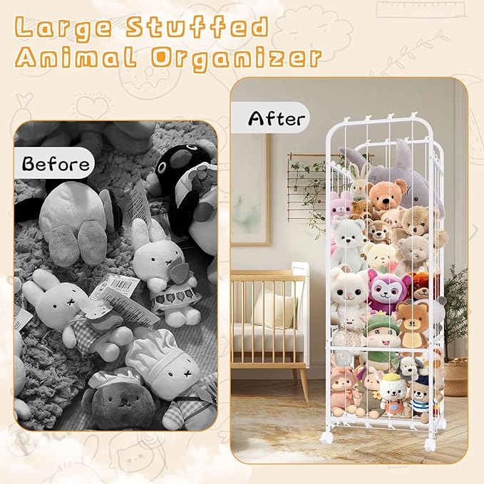 Metal Tube Stuffed Animal Holder, Large Stuffed Animal Storage, White Plushies Storage Elastic Band, Toys Organizer with 360° Brake Wheels for Nursery, Kids Room, Playroom