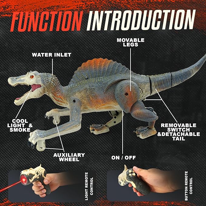 BEZGAR Remote Control Dinosaur, RC Walking Robot Dinosaur Toys with Light, Auto Spraying and Roaring Jurassic Spinosaurus Dinosaur Robot Toy for Boys 3+Years Old