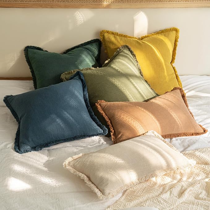 MIULEE Linen Fringe Decorative Euro Throw Pillow Covers Navy Blue 24x24 | Set of 2, Cottagecore Decor, Boho Farmhouse Coastal Pillow Covers, Rustic Couch Cushion Cases for Sofa Bed Living Room