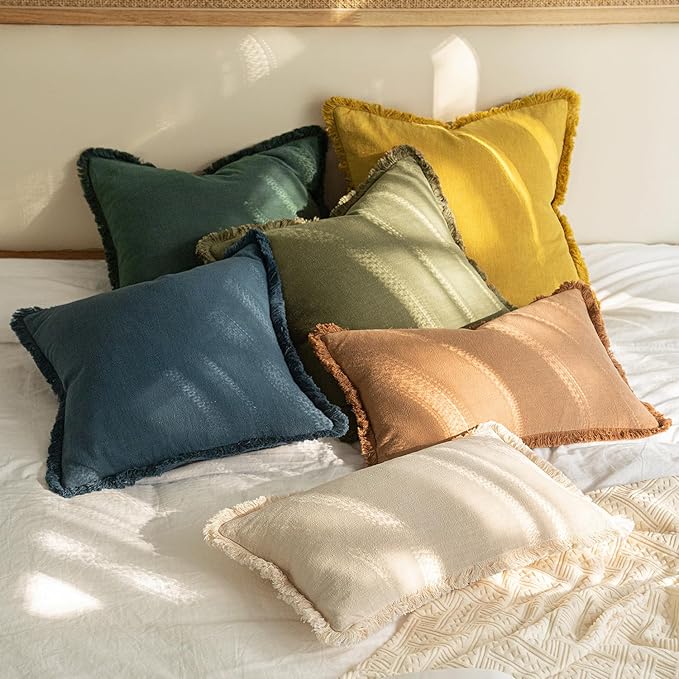 MIULEE Boho Linen Fringe Decorative Throw Pillow Covers Navy Blue 18x18 | Set of 2, Cottagecore Decor, Boho Farmhouse Coastal Pillow Covers, Rustic Couch Cushion Cases for Sofa Bed Living Room