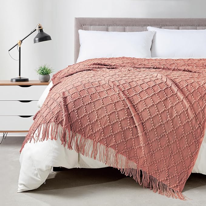 BOURINA Coral Pink Throw Blanket 50 x70 Inch Jacquard Throw Knitted Blanket | Jacquard Argyle Throw Textured Solid Soft Throws and Blankets for Sofa or Bed Knitted Decorative Blanket