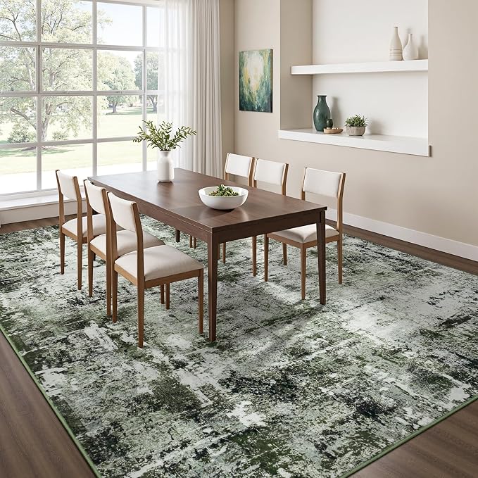 Rugflix 8x10 Area Rugs for Living Room, Washable Dark Green Large Rug | Machine Washable; Stain-Resistant; Low Pile; Non-Slip; Modern Abstract; Carpet for Bedroom Dining Office Nursery Home