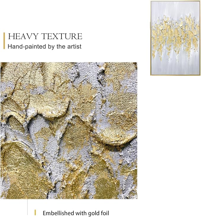 Zessonic Abstract Glam Gold Textured Hand-Painted Thick Wall Art,24"x36"x3 | Framed Modern Glam Gold Hand-Painting Canvas Art for Bedroom Decor Glitter Abstract Artwork for Living Room Bedroom Office