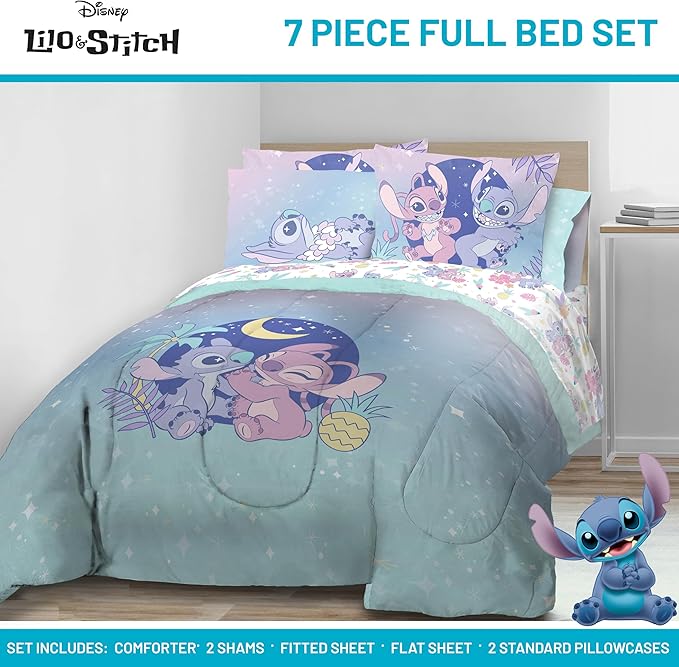 Jay Franco Disney Lilo and Stitch Full Size Comforter Set - 7 Piece Floral Bedding Includes Sheet Set & Pillow Covers Features Angel - Super Soft Purple & Teal Stars Kids Bedding