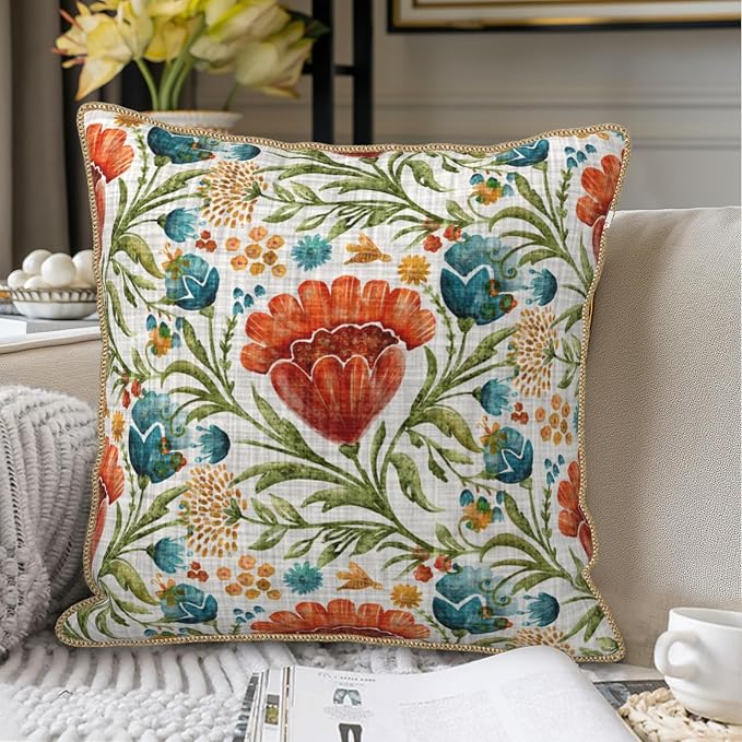 Red Blue Bright Floral Soft Velvet Throw Pillow Covers Set of 2 Colorful Flowers Green Leaf Plant Decorative Pillow Covers 18x18 Inch Boho Rustic Pillow Case For Sofa Couch Living Room Home Decor