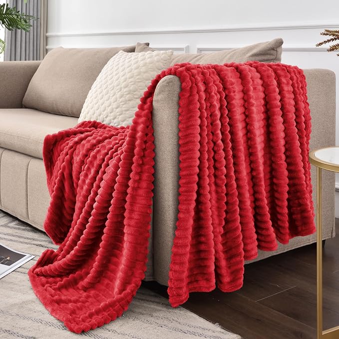 BEDELITE 3D Ribbed Jacquard Red Fleece Throw Blanket for Couch, 50x60 Inch | Soft Warm Decorative Fluffy Blanket, Cozy Plush Lightweight Fuzzy Throw Blanket for Bed Sofa Home Room Decor, Gift for Women