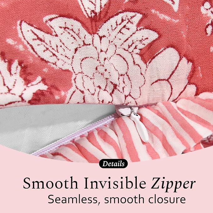 CPC Pink Coral Ruffle Throw Pillow Covers for Couch, 24x24 Inch Cotton Stripe Ruffle Couch Pillows for Living Room, Hidden 20 Inch Zipper Boho Pillow Case or Cute Outdoor Pillows