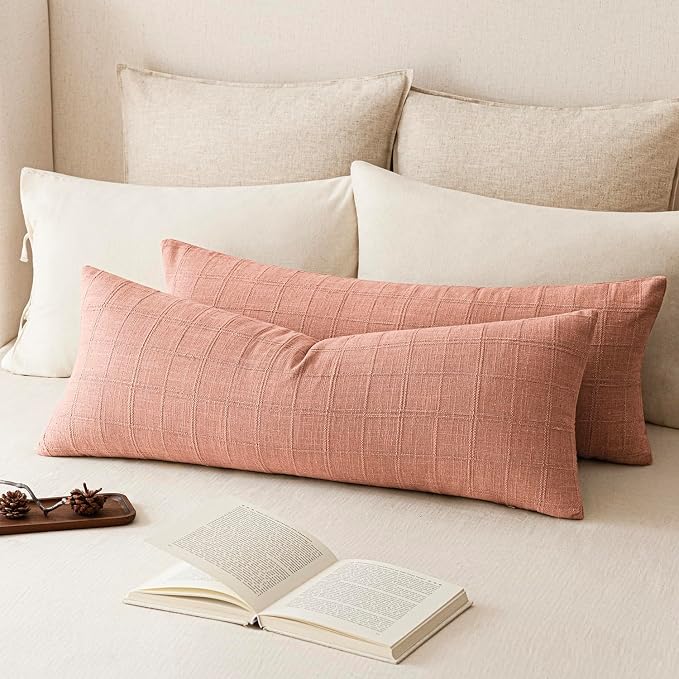Foindtower Set of 2 Decorative Linen Check Throw Pillow Covers Neutral Farmhouse Vintage Cushion Covers Cozy Modern Boho Accent Home Decor for Sofa Chair Couch Bed Living Room,14×36 Inch,Coral Pink