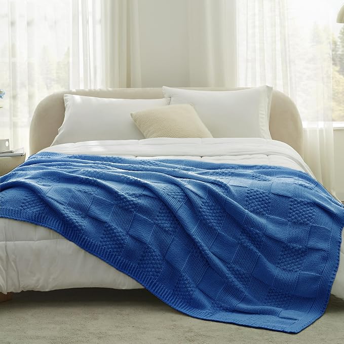 Knit Throw Blanket, Soft Chenille Cozy Breathable Checkered Chunky Decorative Blanket for Couch, Bed & Sofa, French-Inspired Lightweight Warm Gift for Women, Royal Blue, 50"x60"