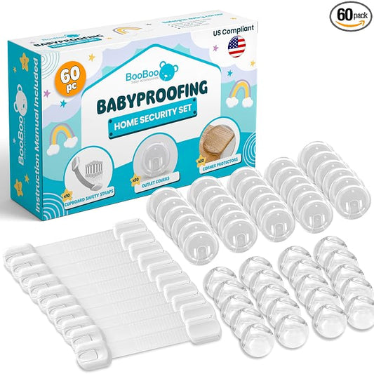 Booboo Baby (60 Pack) Child Safety Baby Proofing Kit | x10 Cabinet Drawer Locks, x20 Corner Guards, x30 Outlet Covers | Baby Proof Your Home & Kitchen with No Trapped Fingers | No Tools Needed