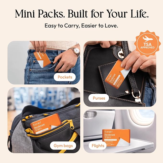 FOMIN Acidified Travel Deodorant Mini Wipes For Women & Men - Citrus Harmony - 144 Count - pH Balanced, Biodegradeable Mini Deodorant Travel Size Wipes - Plastic-Free, Underarm Body Wipes