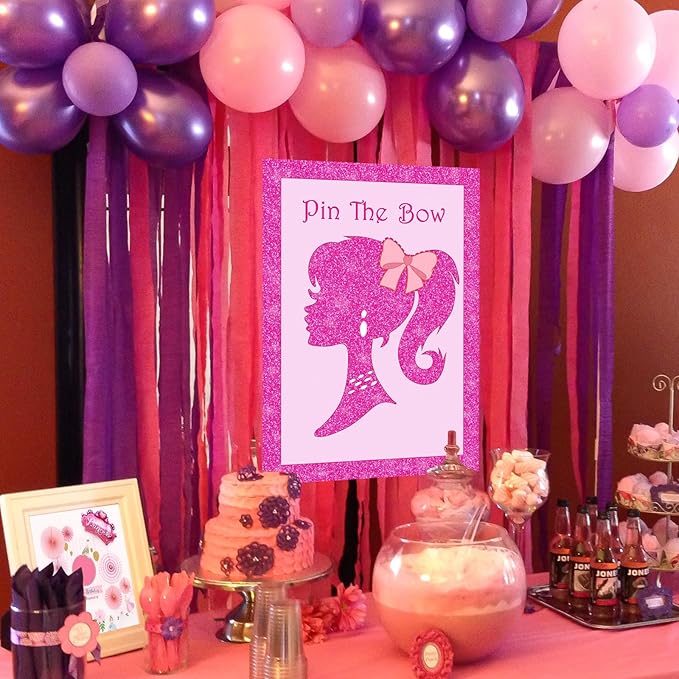 Pink Girl Party Supplies Decorations, Cute Girl Princess Pin The Bow on The Head Party Game, Large Poster with 24Pcs Bow Stickers Favors for Kids’ Birthday Party