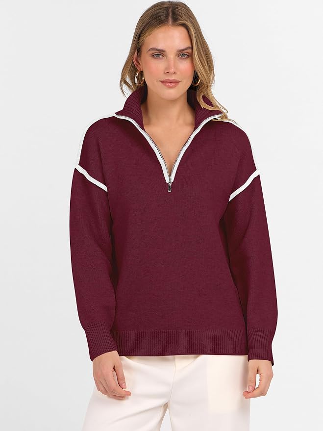 ANRABESS Womens Quarter Zip Sweaters Fall Long Sleeve V Neck Shirts Collared Business Casual Tops Knit Pullover Sweatshirts